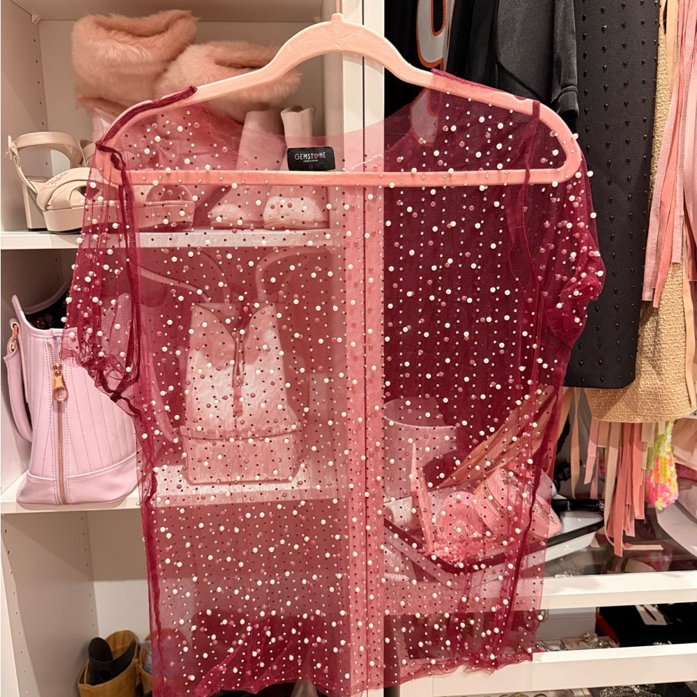 Sheer Burgundy Pearl-Embellished Top